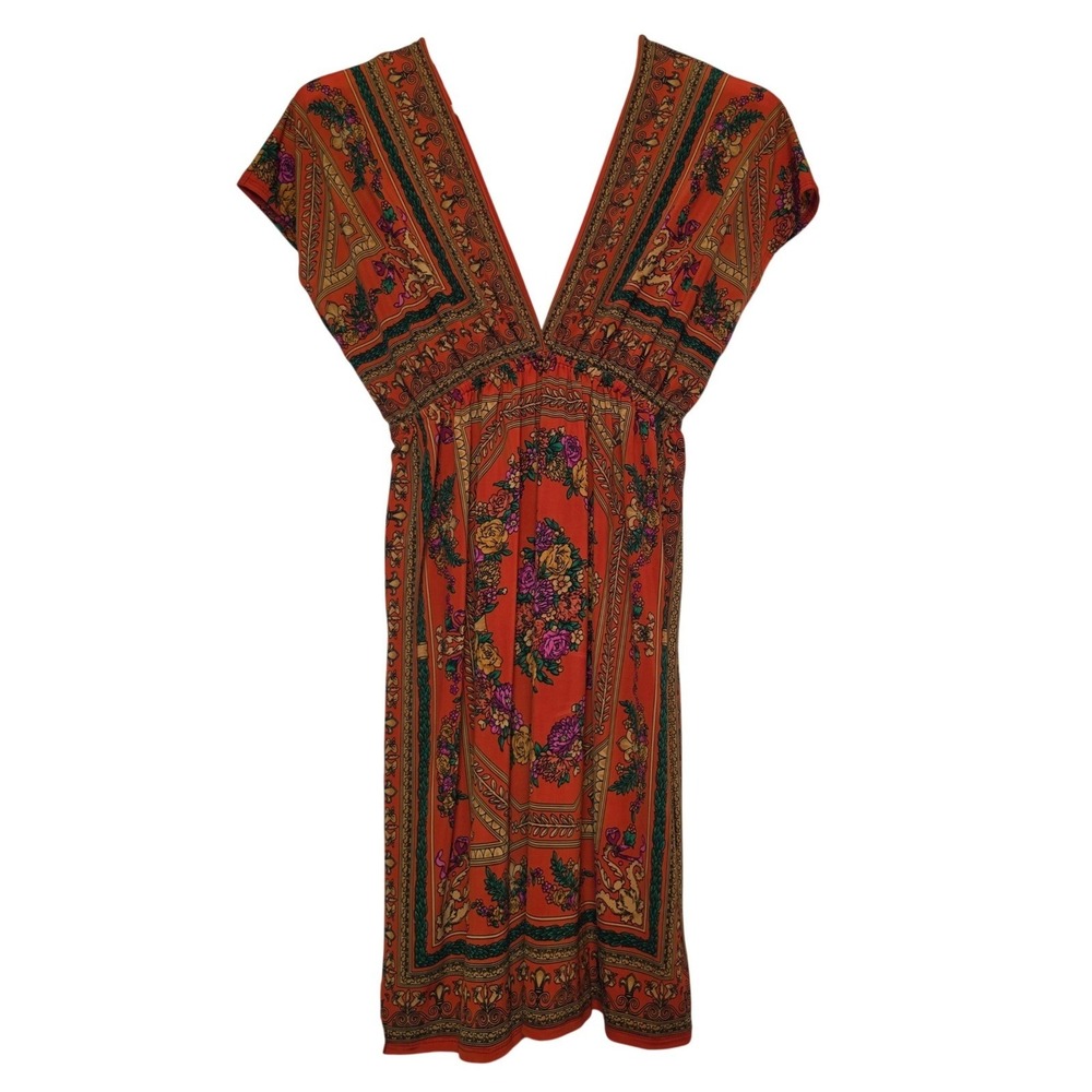 Scarf Print Floral Deep V-Neck Empire Waist Mini Dress Orange One Size